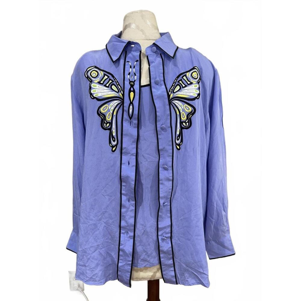 Bob Mackie 100% SILK Long Sleeve Shirt & Tank Top Purple Butterfly Size Large
